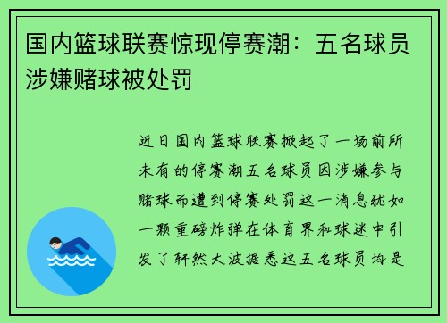 国内篮球联赛惊现停赛潮：五名球员涉嫌赌球被处罚